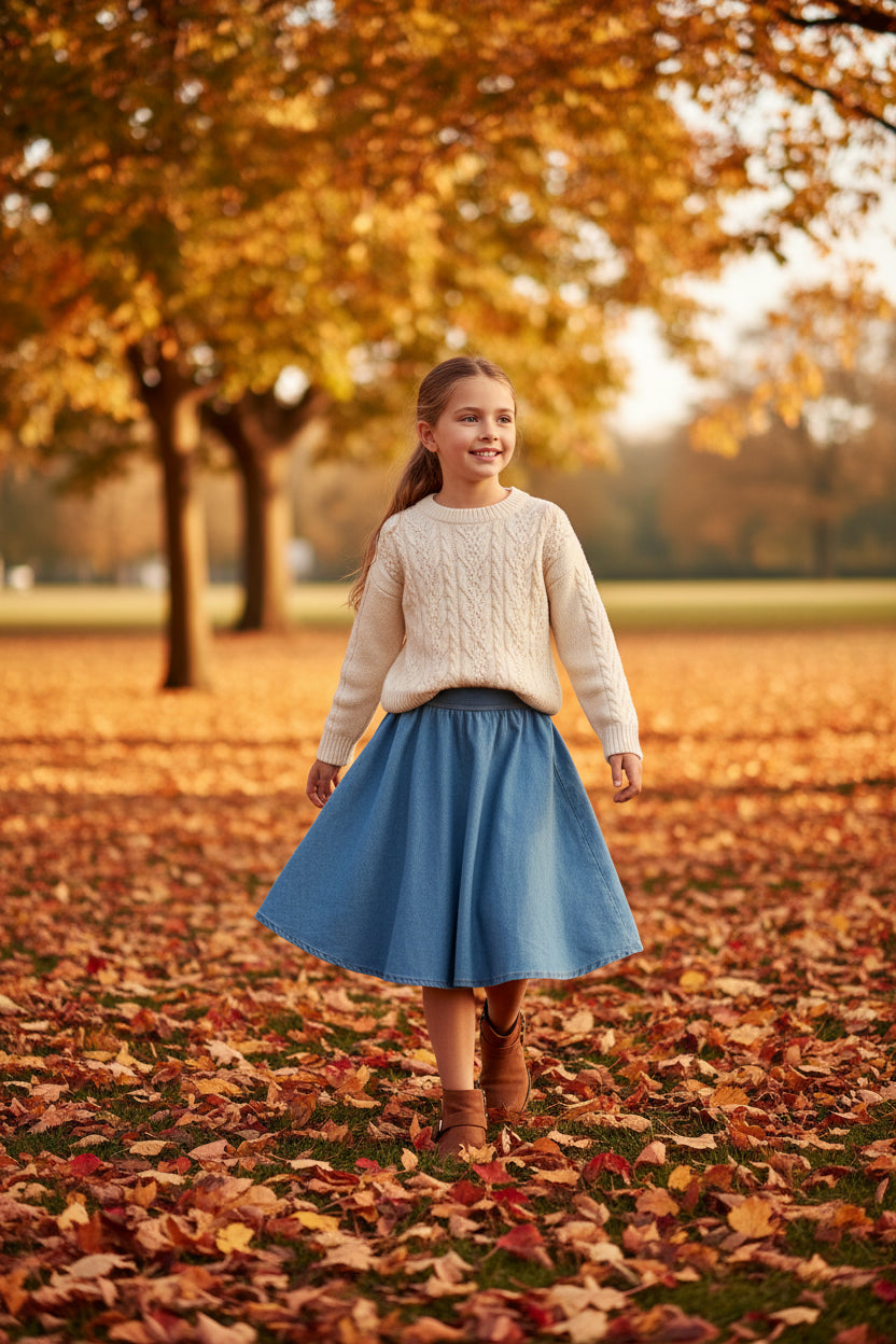 DENIM WIDE ELASTIC BAND MIDI SKIRT
