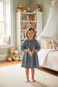 ELASTIC NECK FLORAL CHAMBRAY DRESS