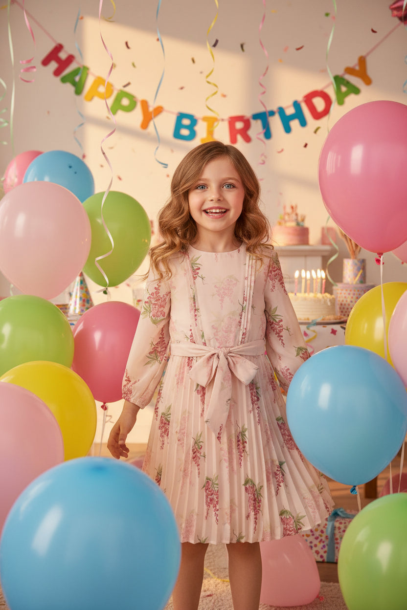 GIRLS FLOWER PLEATED DRESS