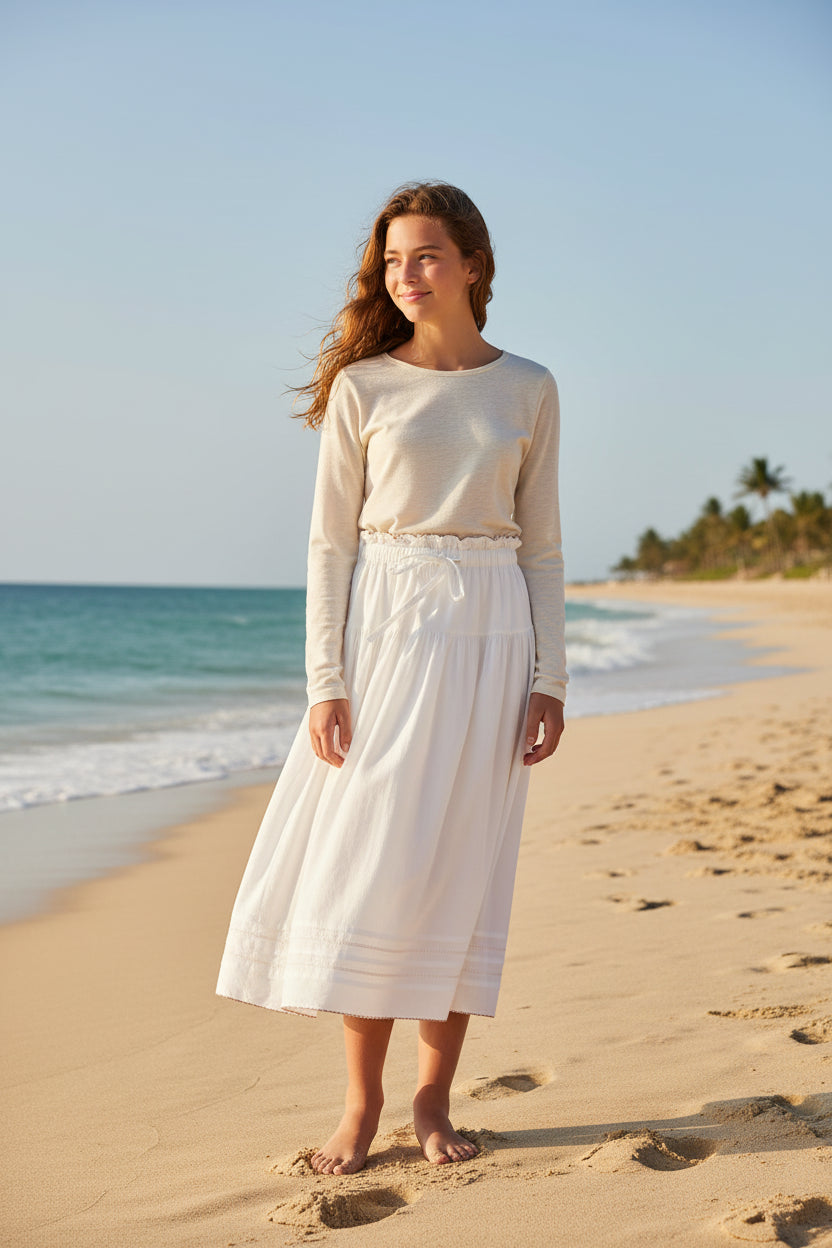 TALLY EMBROIDERED SCALLOPED MIDI SKIRT